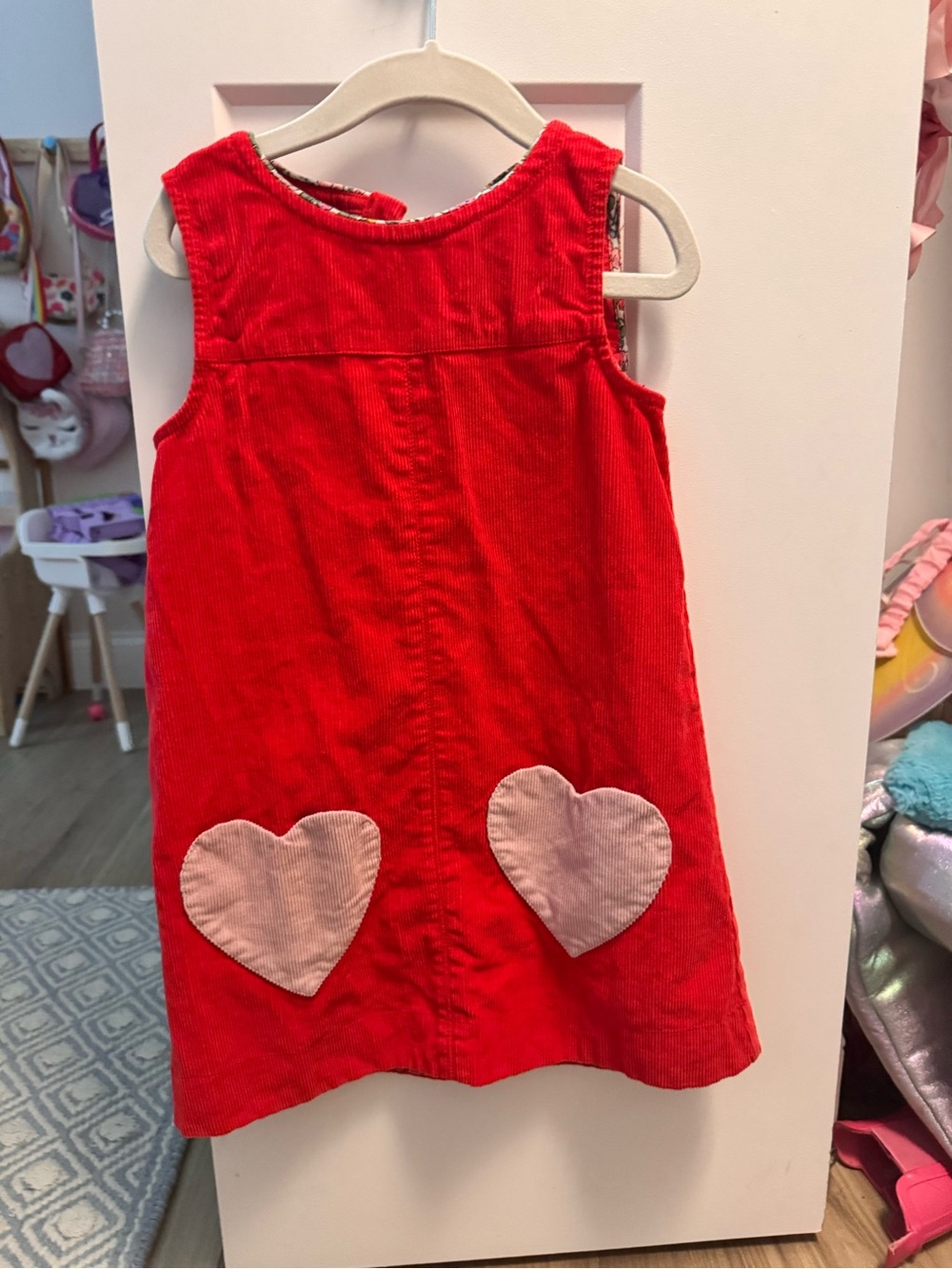 Mini Boden Red Corduroy Dress with Pink Heart Pockets